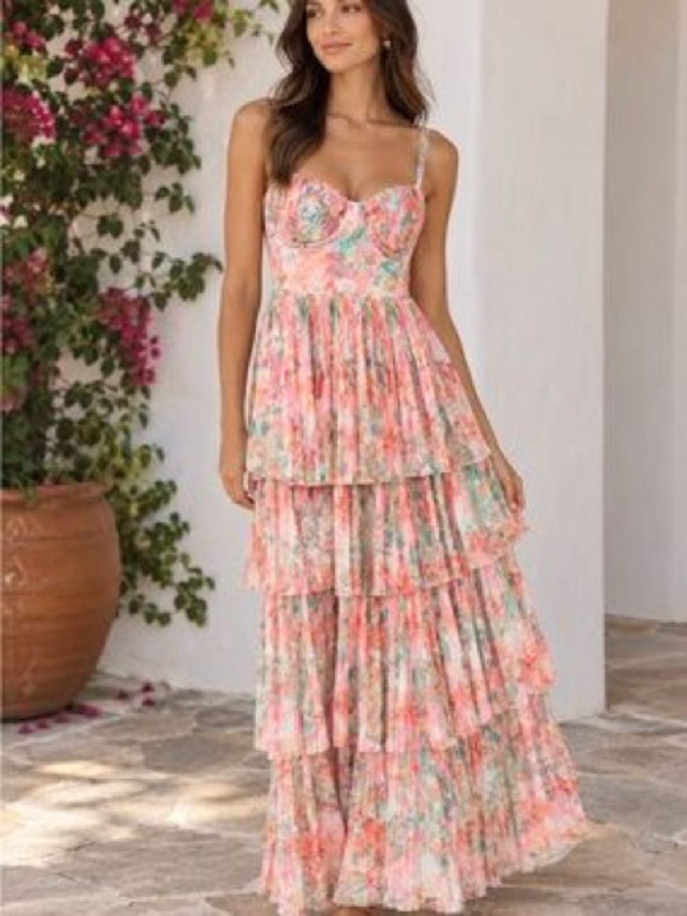 Hutch Pink Floral Tiered Midi Dress